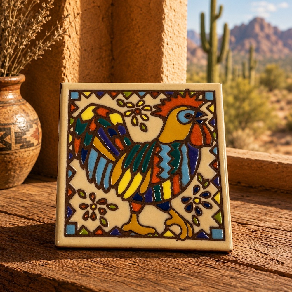 Earthtones Rooster Ceramic Art Tile 1999 Southwest Folk Art Trivet Tucson AZ 6x6